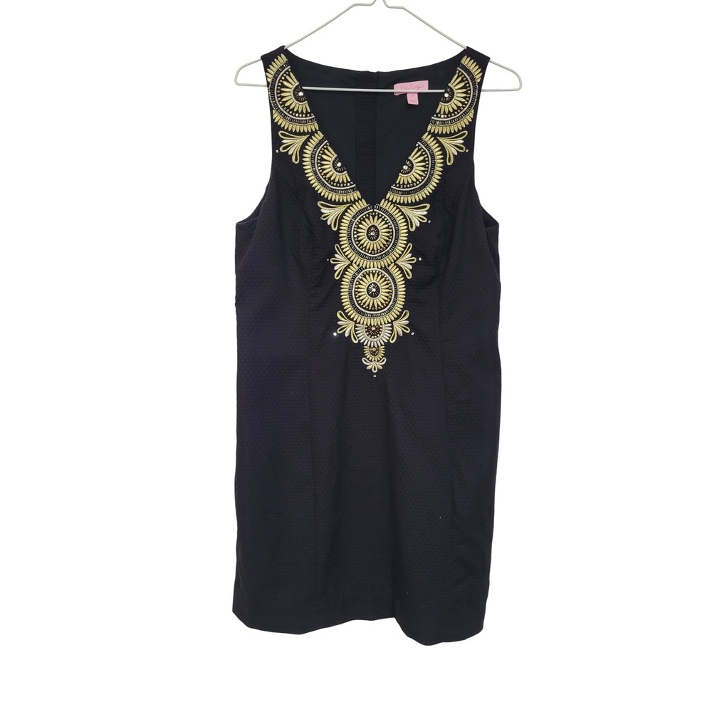 Lilly Pulitzer Black Gold Embroidered V-Neck Shift Dress 28184 Womens 8